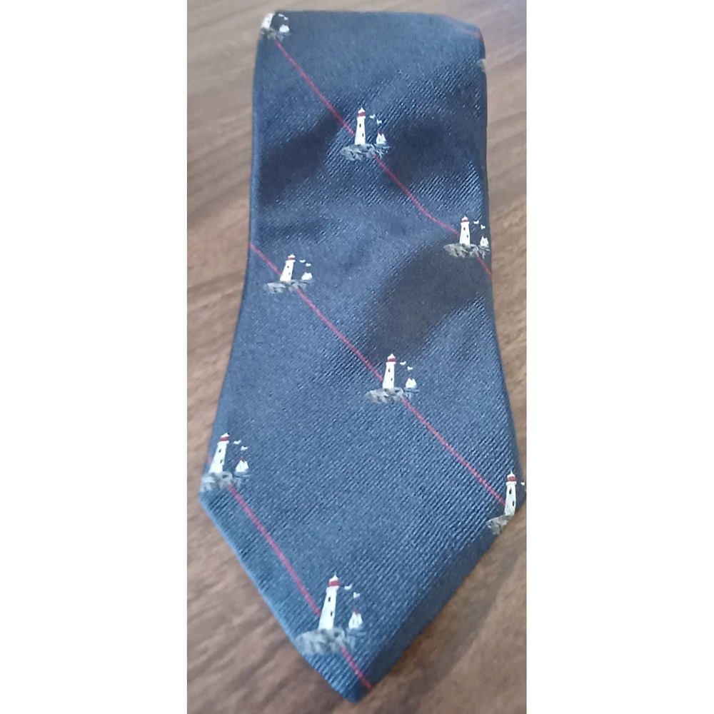 Lands End Silk Necktie Mens OS Navy Blue Lighthouse Sailboat Nautical Print USA